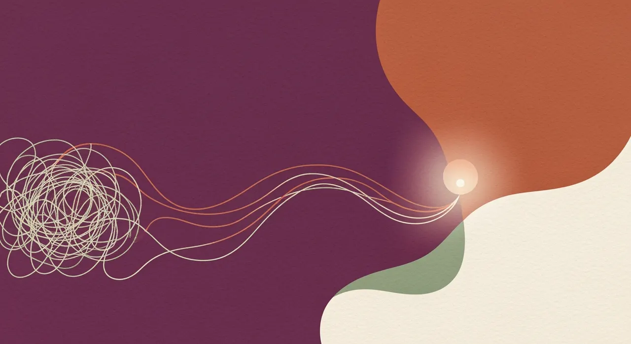 Illustration apaisante : des fils emmêlés se démêlent en lignes fluides vers un point lumineux, évoquant l'anxiété qui s'apaise