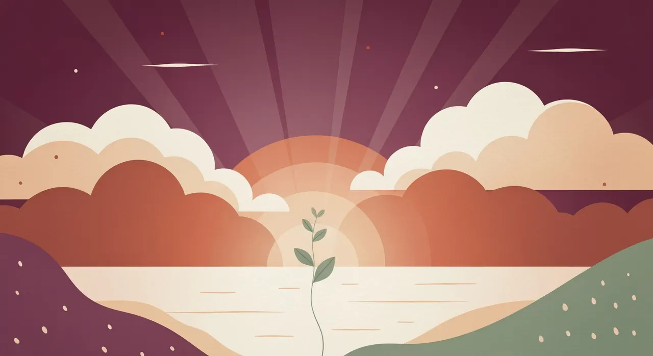 Illustration douce : une lumière de lever de soleil perce des nuages au-dessus d'un horizon calme, évoquant la sortie de la dépression