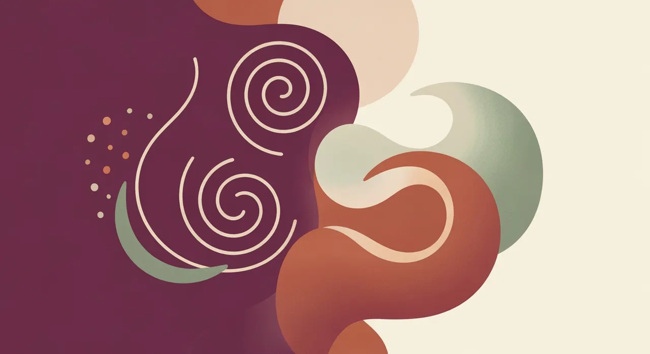 Illustration : des spirales tendues se transforment en vagues douces, évoquant le stress qui se relâche
