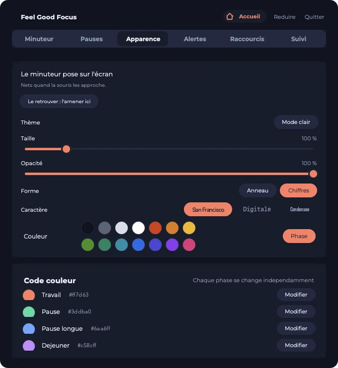 La page Apparence : forme et taille du minuteur flottant, et la couleur de chaque phase.