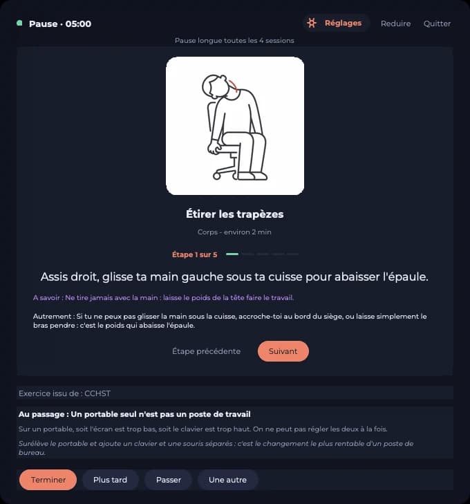 Un exercice guidé : étirer les trapèzes, illustré, une étape à la fois, avec sa source.