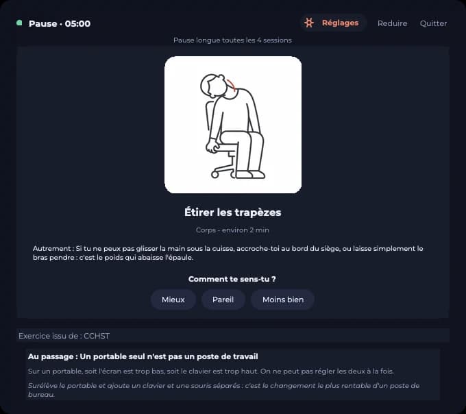 Après l'exercice : « Comment te sens-tu ? » avec trois réponses, Mieux, Pareil, Moins bien.