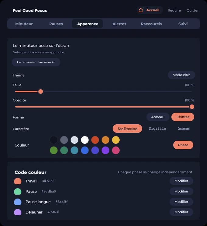 La page Apparence : forme et taille du minuteur flottant, et la couleur de chaque phase.