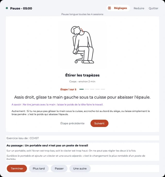 Un exercice guidé : étirer les trapèzes, illustré, une étape à la fois, avec sa source.
