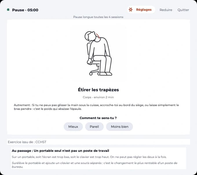 Après l'exercice : « Comment te sens-tu ? » avec trois réponses, Mieux, Pareil, Moins bien.